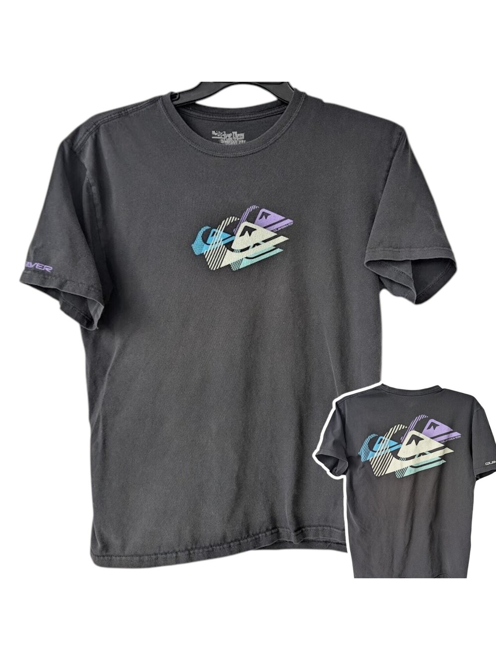 Vintage Y2K Quiksilver T-Shirt Mens L Black Slim Fit Graphic Surf Tee 20.5x27.5